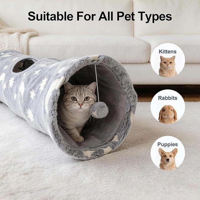 PAWISE Cat Tunnel for Indoor Cats, Glow in Dark Cat Tunnels with Cube Pop-Up, 3-Way Collapsible Cat Play Tunnel Toy for Cats Kittens Rabbits, with Hanging Ball & Bell