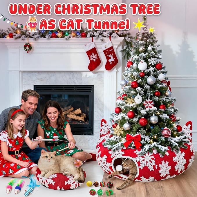 OurWarm Large Cat Tunnel Bed for Indoor Cats with 11 Toys, Round Donut Cat Cave Under Christmas Tree Skirt, Red Snowflake Christmas Cats Tunnel with Soft Mat Xmas Decor for Kitten, Rabbit, Puppy Play