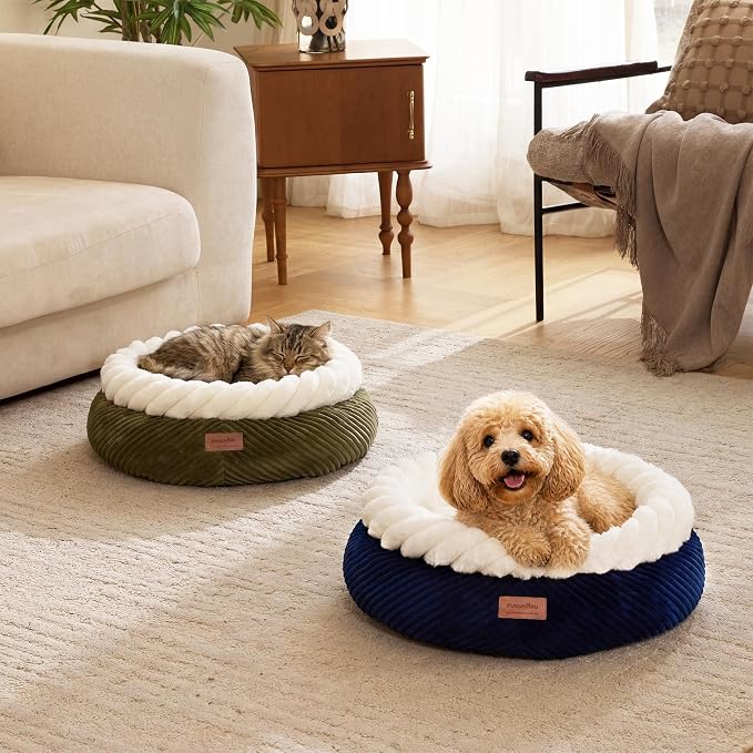 FUKUMARU Cat Bed, Calming Donut Dog Beds, Plush Faux Fur&Corduroy Kitten Beds, Cute Round Washable Pet Bed for Large Cats and Puppy, Cat Cave with Anti-Slip Bottom, 21inch, Blue