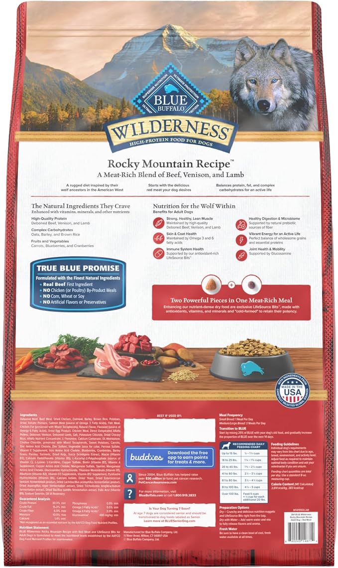 Blue Buffalo Wilderness Rocky Mountain Recipe Adult Dry Dog Food with Red Meat & Wholesome Grains, 34g Protein, Vibrant Energy for an Active Life, Made with Natural Ingredients, 28 lbs.