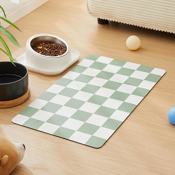 Checkered Dog Feeding Mat, Absorbent Mats for Dog Food and Water Bowl, Dispenser, Modern Aesthetic Sage Green Checkerboard Pet Placemat for Dogs, Cats, Puppy, 16" X24”