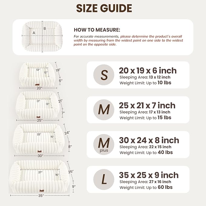 Washable Dog Bed for Small Medium Dogs - Rectangle Orthopedic Corduroy Fleece Pet Bed with Removable Cover and Nonskid Bottom, Calming Puppy Bed Soft Pet Sofa, Cream(25x21x7inchs)