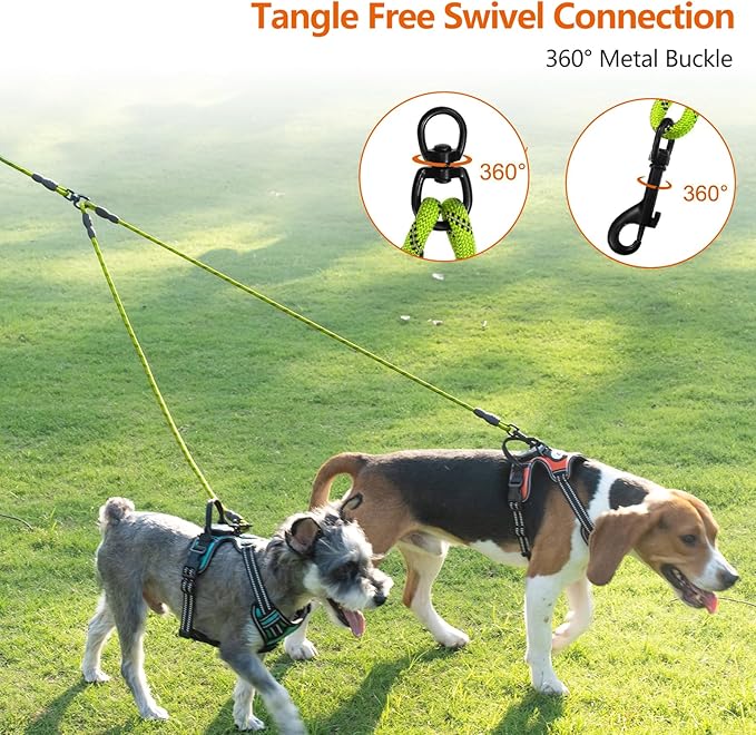 Taglory Double Dog Leash Coupler for Two Dogs, 1/3" Lightweight Dual Leash Extension for Small and Medium Dogs, No Tangle 360° Swivel, Reflective Rope, 30 Inch, Green