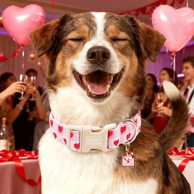 Elegant little tail Valentine's Dog Collar - Pink Plaid Red Heart Dog Collars Cotton Soft Puppy Adjustable Pet Collars with Sturdy Quick Release Buckle for Medium Dogs