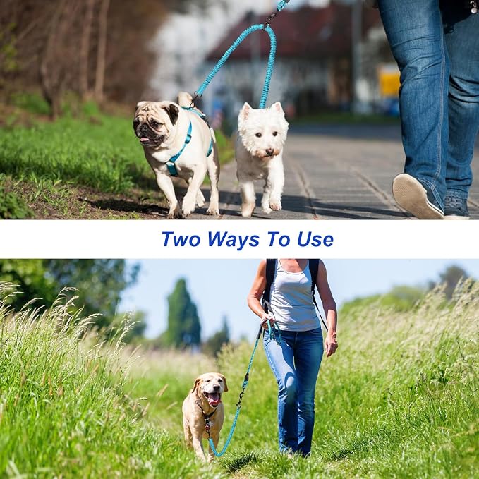 MingXpets Double Dog Leash, Dual Dog Leash, 360° Swivel Tangle Free Bungee Walking Training for Large Medium Dogs, Shock Absorbing Bungee Reflective for Two Dogs, 18~120 lbs, Blue