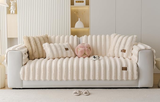 Fuzzy Rabbit Plush Sofa Cover Thick Soft Fur Sectional Couch Cover Furry Fluffy Cushion Cover Non-Slip Sofa Slipcovers Vertical Stripe Furniture Protector for Dogs Cats(Cream,36"x70")