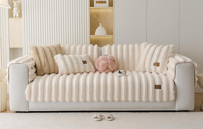 Fuzzy Rabbit Plush Sofa Cover Thick Soft Fur Sectional Couch Cover Furry Fluffy Cushion Cover Non-Slip Sofa Slipcovers Vertical Stripe Furniture Protector for Dogs Cats(Cream,28"x28")