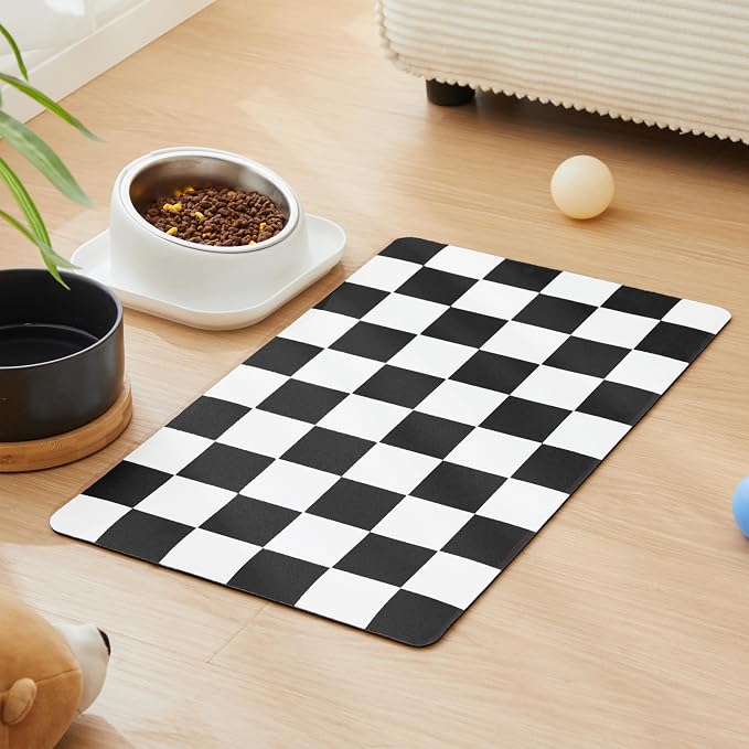 Checkered Dog Feeding Mat, Absorbent Mats for Dog Food and Water Bowl, Dispenser, Feeder, Retro Aesthetic Black Checkerboard Pet Placemat for Dogs, Cats, Puppy Accessories, 16" X 24”