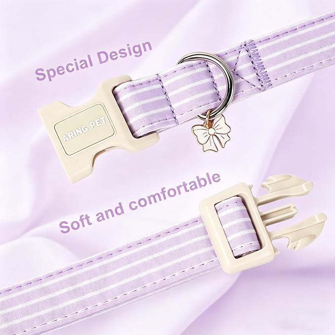 ARING PET Stripe Dog Collar, Cute Spring Summer Purple Stripe Pet Collars with Bow Charm for Puppy Small Medium Large Boy Girl Dogs, for Daily Outdoor Walking Beach Stroll-L