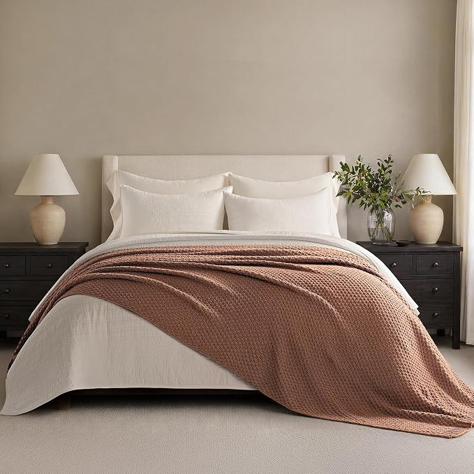 EVERGRACEHOME Chunky Chenille Knit Throw Blanket for Couch, Soft Luxurious Oversized Queen Moss Stitch Blanket for Bed, Cozy Farmhouse Knitted Throw for Sofa, Terracotta Clay, 90" x 90"