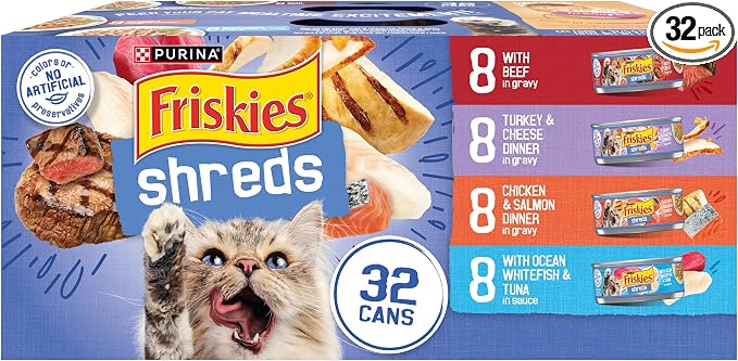 Purina Friskies Gravy Wet Cat Food Variety Pack, Savory Shreds With Beef, Turkey and Cheese Dinner, Chicken and Salmon Dinner, With Ocean Whitefish and Tuna - (Pack of 32) 5.5 oz. Cans