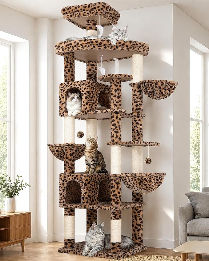 Globlazer Extra Large Cat Tree Tower 82in Tall Heavy Duty Cat Tree for Indoor Cats Large Adult Big Cat Tower with 8 Scratching Posts, 2 Condos, 2 Padded Perches, 3 Hanging Baskets, S82, Leopard Print