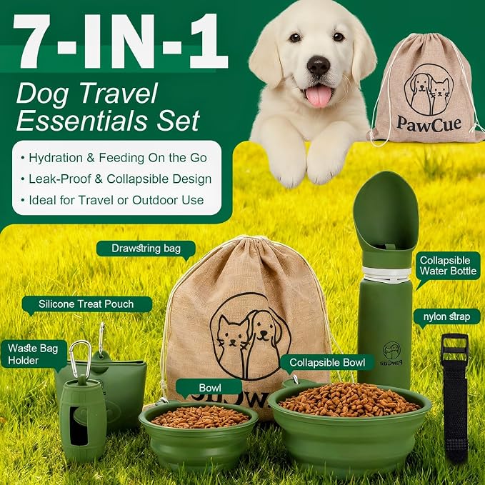 Dog Travel Kit 7-in-1 – Collapsible Bowls, Water Bottle, Treat Pouch, Waste Bag Holder, Strap & Carry Bag – Portable Pet Travel Essentials for Walks, Hiking, Road Trips & Everyday Use – PawCue