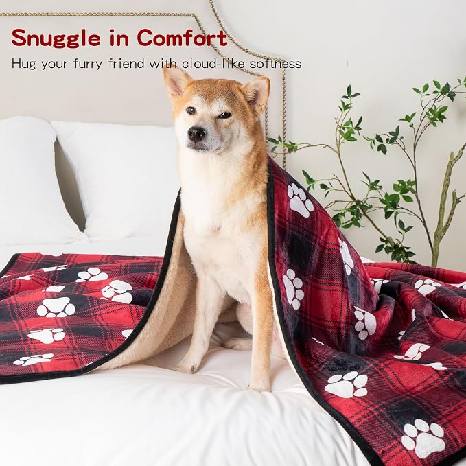 Waterproof Dog Blankets, 30"x40" Cat Blanket for Indoor Cats, Soft Fluffy Sofa Car Bed Protector, Reversible Sherpa Fleece Puppy Blanket for Small Medium Dogs Christmas Decor(Paw Red)