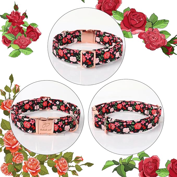 Floral Dog Collar - Rose Red Wild Flowers Pattern Cute Puppy Collar, Adjustable Winter Holiday Metal Buckle Dog Collars for Small Medium Large Dogs XL