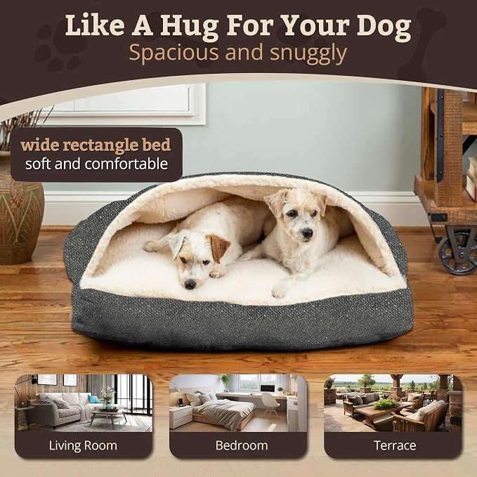 Snoozer Rectangle Cozy Cave Dog Bed - Indoor Dog Bed with Cover Cave, Covered Calming Burrow for Medium & Large Sized Pets with Blanket Attached, Enclosed, Washable Cover - Large, Merlin Pewter