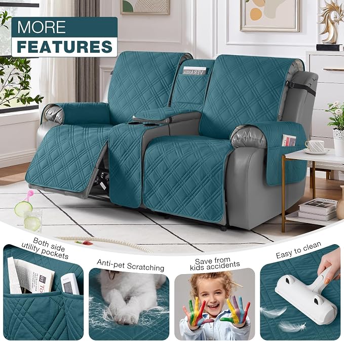 TAOCOCO Loveseat Recliner Cover with Center Console, 100% Waterproof Pet Cover for Dual Recliner with Straps Design, Split Reclining Loveseat Covers Furniture Protector (2 Seater, Peacock Blue)