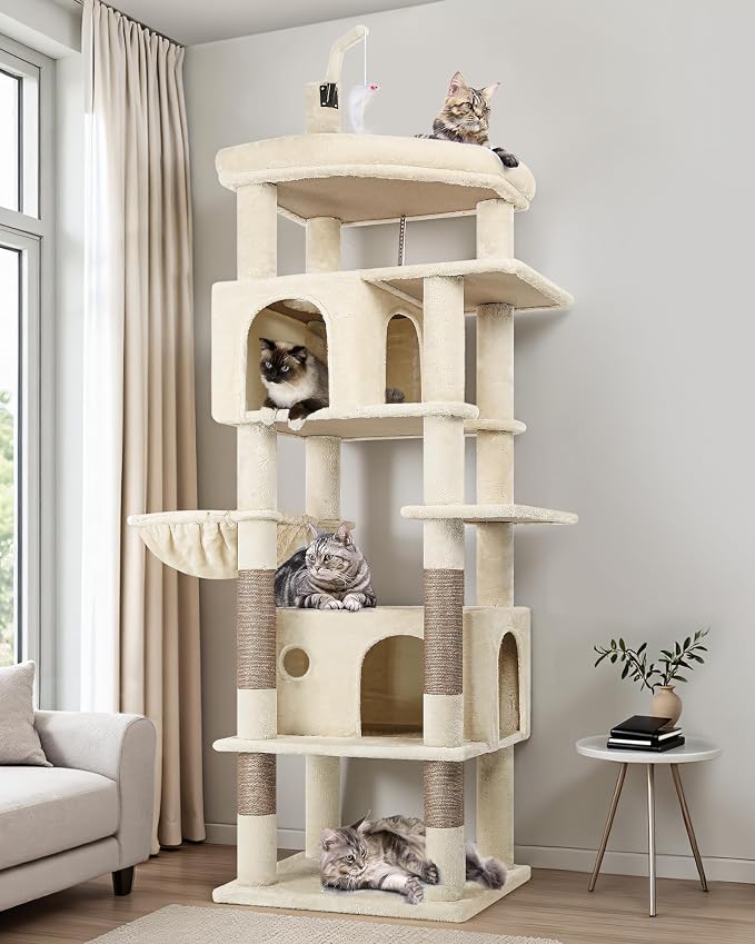 Globlazer 74in Cat Tree for Indoor Cats Large Adult, Heavy Duty Cat Tower with 5 Sisal Scratching Posts, 2 Caves, Oversized Top Perch, Hanging Basket, F74B, Beige