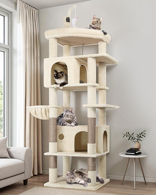 Globlazer 74in Cat Tree for Indoor Cats Large Adult, Heavy Duty Cat Tower with 5 Sisal Scratching Posts, 2 Caves, Oversized Top Perch, Hanging Basket, F74B, Beige