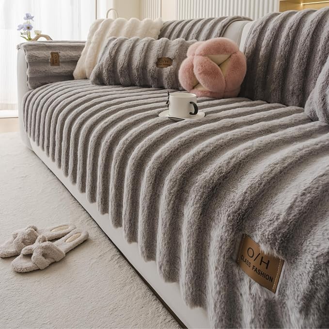 Fuzzy Rabbit Plush Sofa Cover Thick Soft Fur Sectional Couch Cover Furry Fluffy Cushion Cover Non-Slip Sofa Slipcovers Vertical Stripe Furniture Protector for Dogs Cats(Light Grey,28"x28")