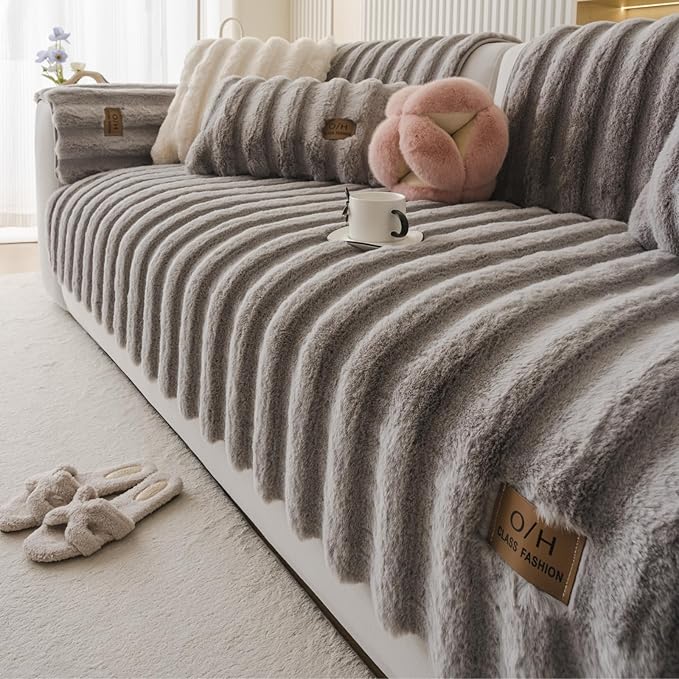 Fuzzy Rabbit Plush Sofa Cover Thick Soft Fur Sectional Couch Cover Furry Fluffy Cushion Cover Non-Slip Sofa Slipcovers Vertical Stripe Furniture Protector for Dogs Cats(Light Grey,36"x70")