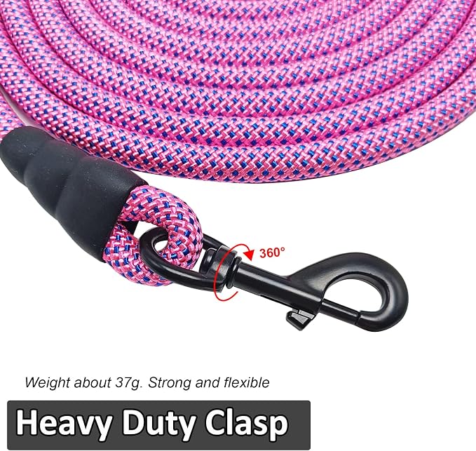 MayPaw 3/6/8/10/12/15/20 FT Rope Dog Leash, Soft Padded Handle Long Dog Leash, Thick Nylon Pet Lead Leashes for Large Medium Dogs (15ft x 1/2", Pink-Blue dot)