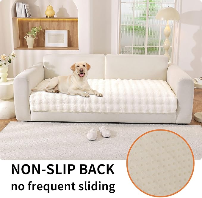 Waterproof Dog Bed Cover Non Slip Couch Covers for Dogs Washable Soft Faux Fur Sofa Cover Couch Covers for 3 Cushion Couch Sofa Pet Friendly (Off White)