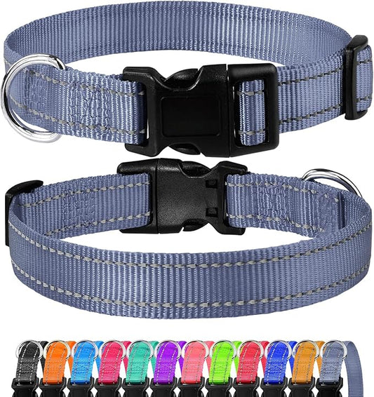 FunTags Length 16" - 24" Reflective Gray Dog Collar for Large Dogs – Night Walking & Training Safety, Durable Quick Release Buckle, Nylon, Comfortable Adjustable, Width 1"