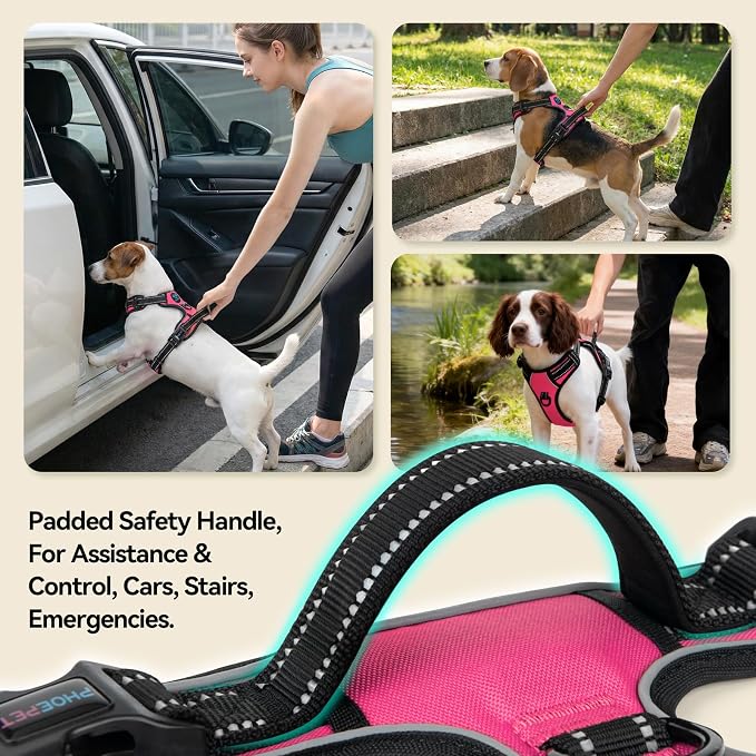 PHOEPET No Pull Dog Harnesses for Small Puppies Reflective Adjustable Front Clip Vest with 2 Metal Leash Attachment Hooks Soft Handle(XS, Pink)