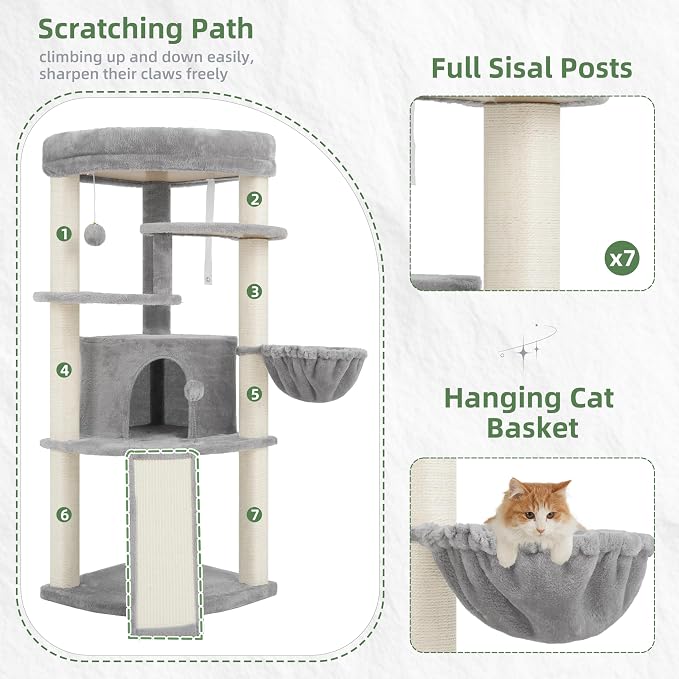 Gitelsnour Corner Cat Tree for Indoor Cats, Cat Tower with All Sisal Scratching Posts, Multi-Level Cat Condo wth Cat Cave, Large Top Perch, Hanging Basket, Sisal Ramp, Light Gray GCT025W