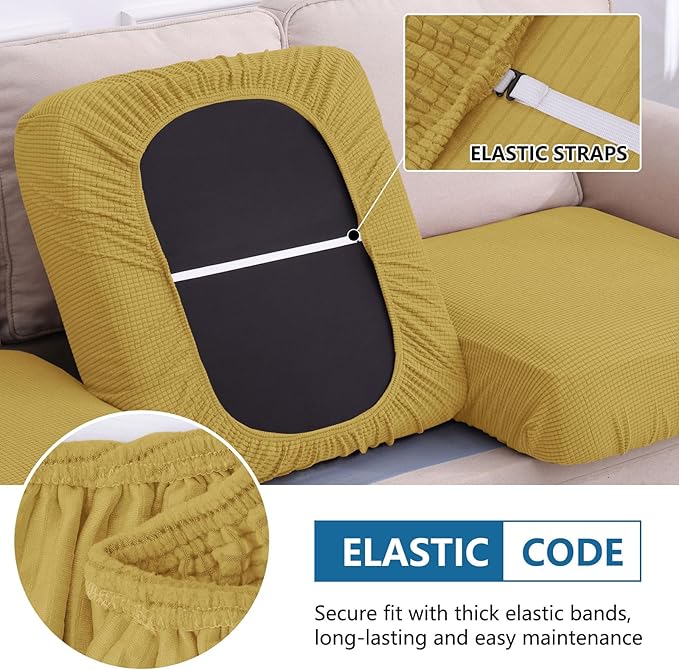 hyha Waterproof Couch Cushion Covers, Sectional Sofa Cushion Slipcovers L Shape, Thick Stretch Jacquard Fabric, Washable Chaise Lounge Cover with Elastic Bottom (1 Piece for Chaise, Ginger Yellow)