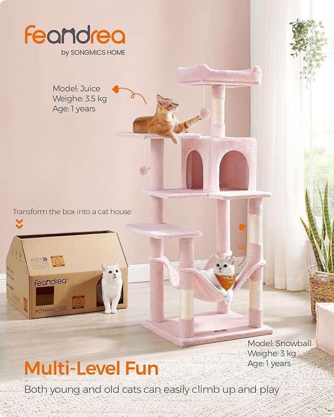 Feandrea Cat Tree, 54.2-Inch Cat Tower, Plush Multi-Level Condo with 4 Scratching Posts, 2 Perches, Hammock, Cave, Jelly Pink UPCT161P01