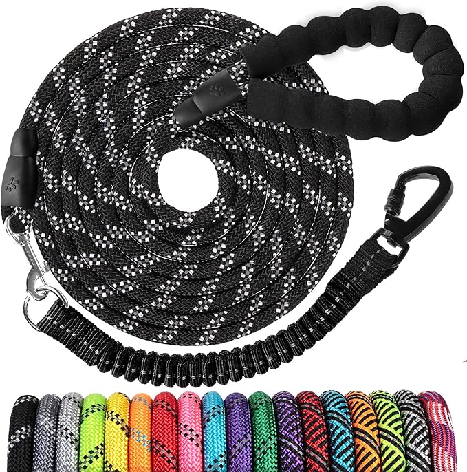 Long Dog Leash 50 FT: Heavy Duty Rope Leashes for Dogs Training with Swivel Lockable Hook Reflective Threads Bungee and Padded Handle - Dog Lead for Large Small Medium Dogs Outside Walking Hiking
