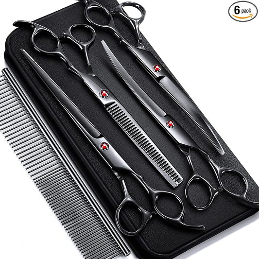 Gimars 7.0in Professional 4CR Stainless Steel Safety Round Tip 6 in 1 Dog Grooming Scissors Heavy Duty Titanium Coated Pet Grooming Scissor for Dogs, Cats and Other Animals