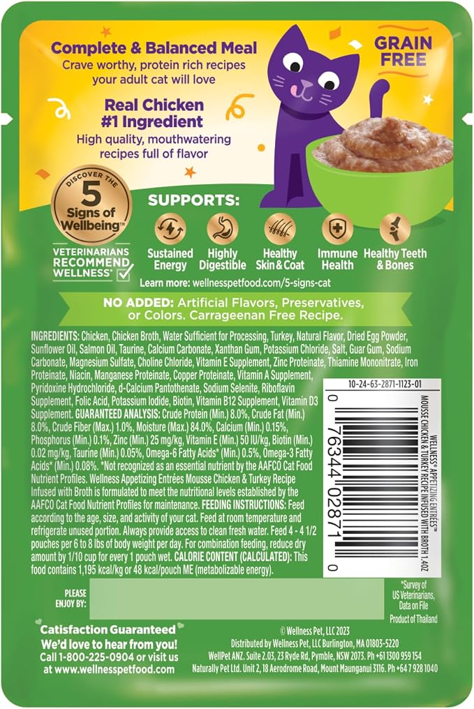 Wellness Appetizing Entrées Mousse Adult Wet Cat Food, Natural, Protein Rich, Grain Free, Chicken and Turkey Recipe, 1.4 oz, Pack of 8 Pouches