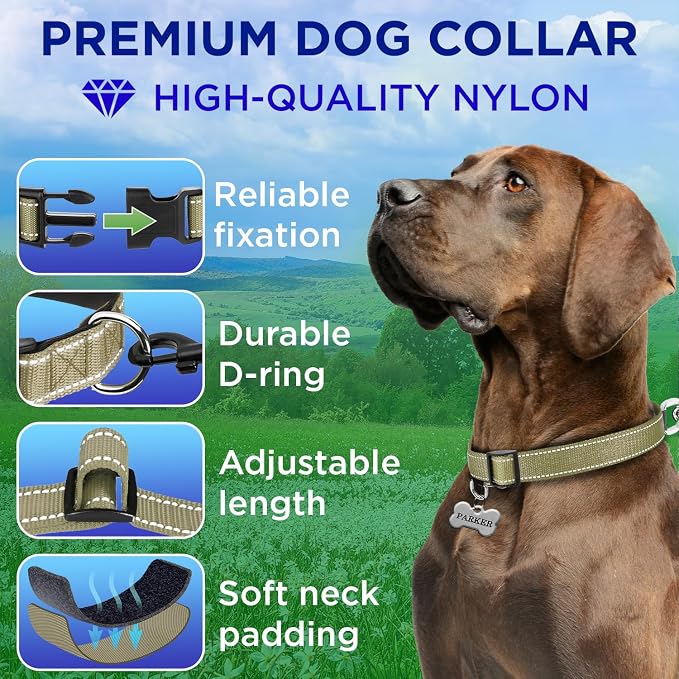 TECEUM Reflective Dog Collar – Olive – XS – Extra Soft Padding – Basic Nylon Pet Collar – Quick Release Buckle – Fits Small, Medium and Large Dogs, Puppies, Cats – ESA & Service Dog Options