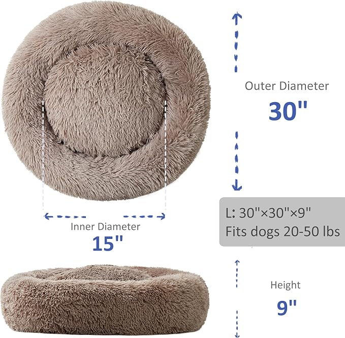 Washable Dog Round Bed - Large Donut Dog Bed, Comfy Calming Cuddler