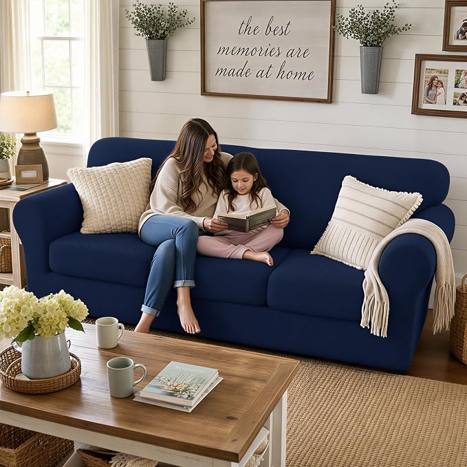 XINEAGE 2026 New 3 Pieces Couch Covers for 2 Extra Large Cushion Sofa Super Stretch Sofa Cover for 2 Large Seat Universal Loveseat Slip Cover for Living Room (Navy Blue), 71"-91"(2 Cushions)