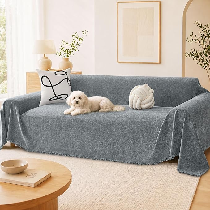 hyha Couch Cover for Dogs, Boho Sofa Covers for 3 Cushion Couch Washable, Chenille Sofa Slipcover for Pets, Soft Loveseat Sectional Couch Throw Blankets with Tassels (Grey, 71x118 Inch)