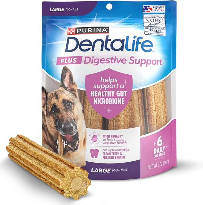 DentaLife Plus Digestive Support Dog Treats for Large Dogs 40 lbs. and up, Cleans Teeth, Freshens Breath, & Supports Healthy Gut, Chicken & Pumpkin Flavor, 7 oz., 6 Chews - 6 ct. Pouch