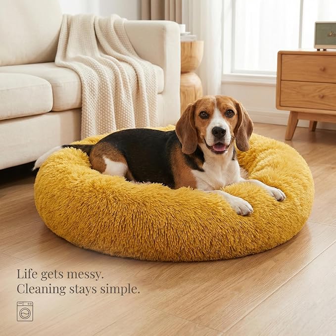 Calming Dog Bed for Medium Dogs Washable Donut 30 inches Anti-Slip Pet Bed,Round Fluffy Plush Faux Fur Cat Bed,Fits up to 45 lbs Pets,Orange