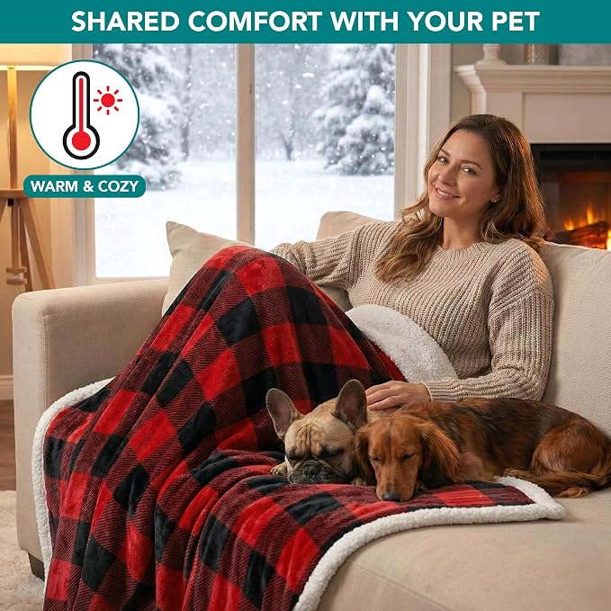 PetAmi Waterproof Dog Blanket for Couch, Large 60x40, Pee Proof Sherpa Fleece Reversible Pet Throw, Furniture Protector for Bed Sofa Kennel, Soft Washable Cover for Medium Dogs Cats, Plaid Red