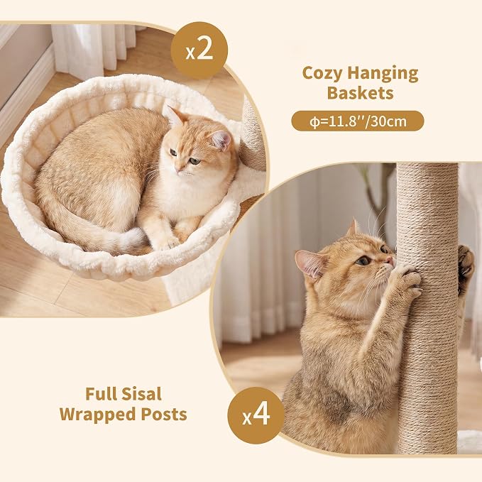 Heybly Cat Tree with Reinforced Big Base, 41.3-Inch Sturdy Cat Tower for Indoor Cats Featuring 2 Roomy Platforms, Double Cat Condo, 2 Cozy Baskets, Full Sisal Scratching Posts, Beige HCT075MJ