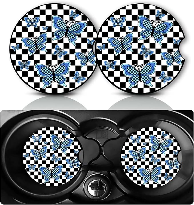 2Pack Blue Butterfly Car Cup Holder Coaster,Butterfly Gifts for Women Men,Vehicle Interior Drink Mat Reusable Neoprene Car Coasters for Cup Holders Decor,Butterflys Automotive Accessories