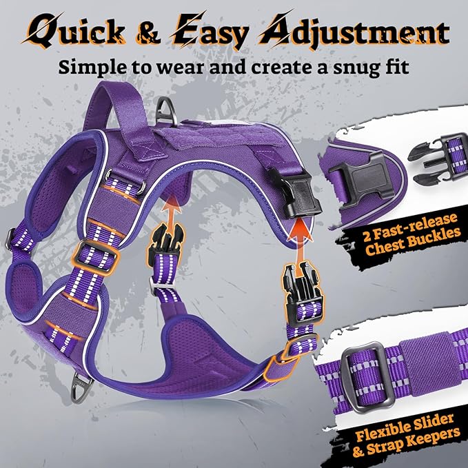 rabbitgoo Tactical Dog Harness for Large Dogs No Pull Adjustable Military Vest with Handle MOLLE Reflective Heavy Duty Dog Vest for Walking Training Hunting Outdoor Working Medium Size Dog Purple L