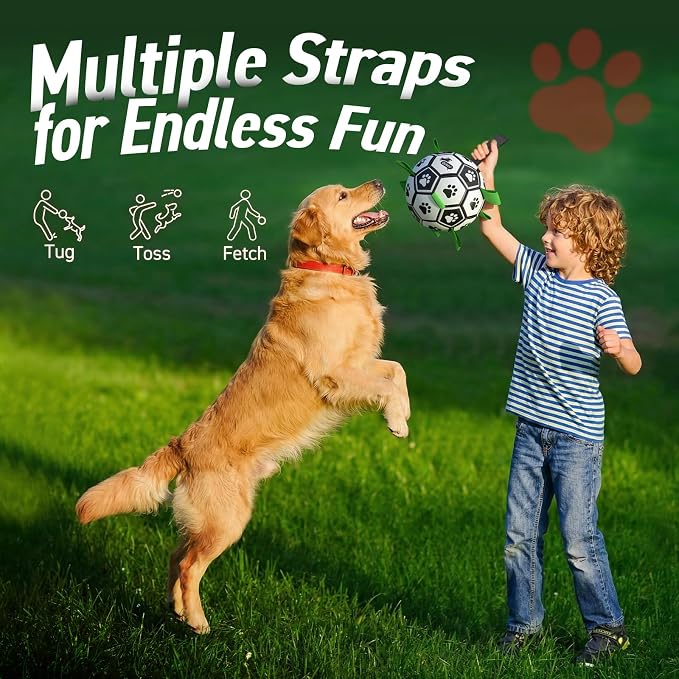QDAN Dog Toys Extra Large Soccer Ball with Straps, Tug Toy, Water Toy, Durable Dogs Balls World Cup for Large（9 Inch）