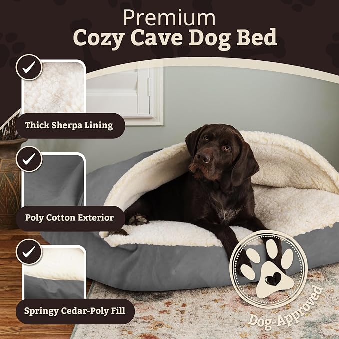 Snoozer Rectangle Cozy Cave Dog Bed - Indoor Dog Bed with Cover Cave, Covered Calming Burrow for Medium & Large Sized Pets with Blanket Attached, Enclosed, Washable Cover - Large, Heather Gray