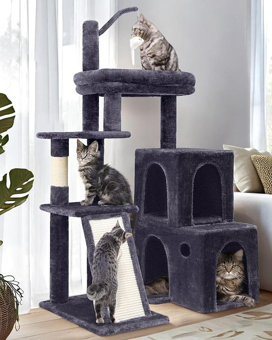 Globlazer Cat Tower for Indoor Adult Cats, 50-inch Heavy Duty Cat Tree House for Big Cats with Extra-Large Padded Platform, Sisal Scratching Board, 2 Large Condos, F50, Dark Grey