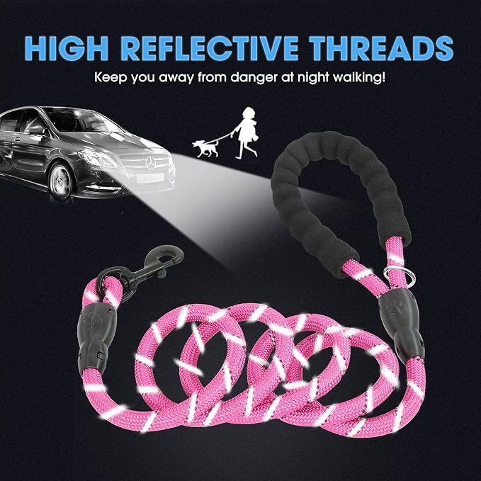 BAAPET 2/4/5/6 FT Dog Leash with Comfortable Padded Handle and Highly Reflective Threads for Small Medium and Large Dogs (6FT-1/2'', Pink)