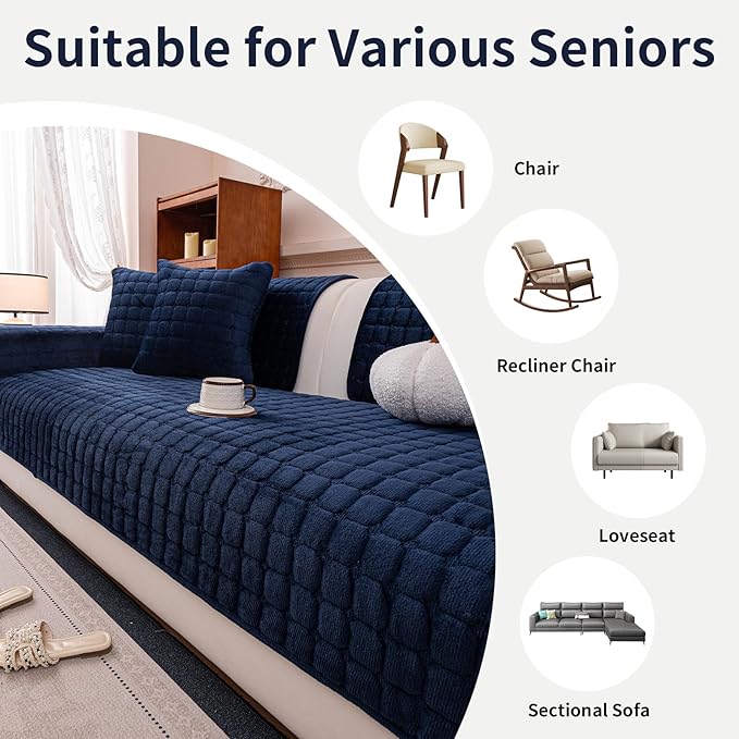 Velvet Couch Cover, Plush Sectional Sofa Cover Washable, Anti Slip Sofa Slipcover for 2-3 Cushion Sofas, Furniture Protector Covers for Pets & Kids(1PC,Navy Blue,36"×71")